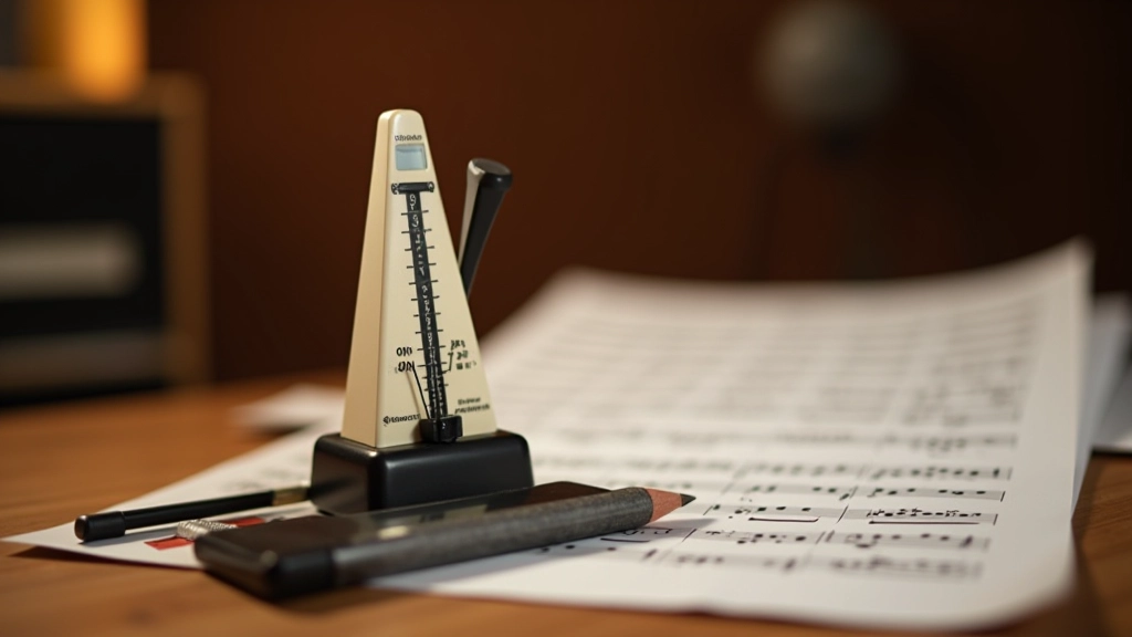 Metrônomo analógico ao lado de notas musicais manuscritas sobre mesa de trabalho