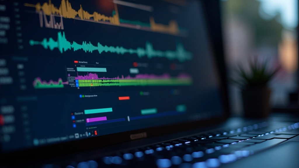Software de edição de áudio mostrando ondas de som e pistas de áudio coloridas