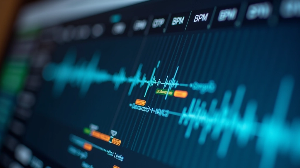 Visualização de ondas de áudio com marcadores de BPM e timeline em software de edição profissional