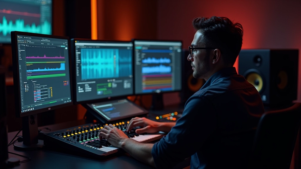 Estúdio profissional de design de som com equipamento de áudio e computadores
