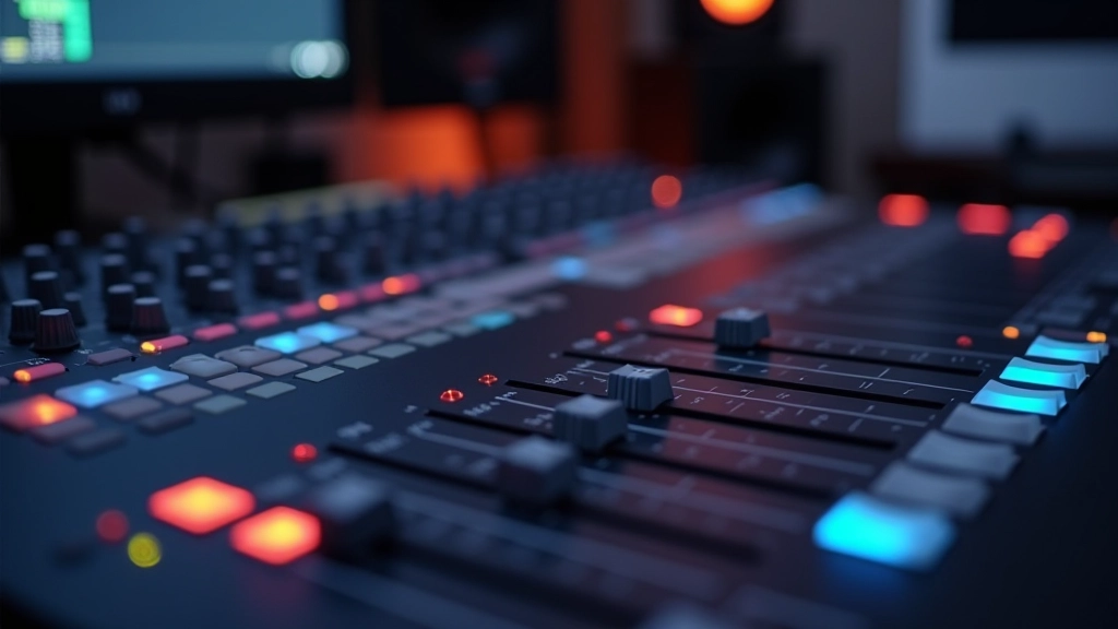 Técnico ajustando faders num mixer de áudio profissional com múltiplas pistas de som em diferentes níveis, studio de produção de áudio