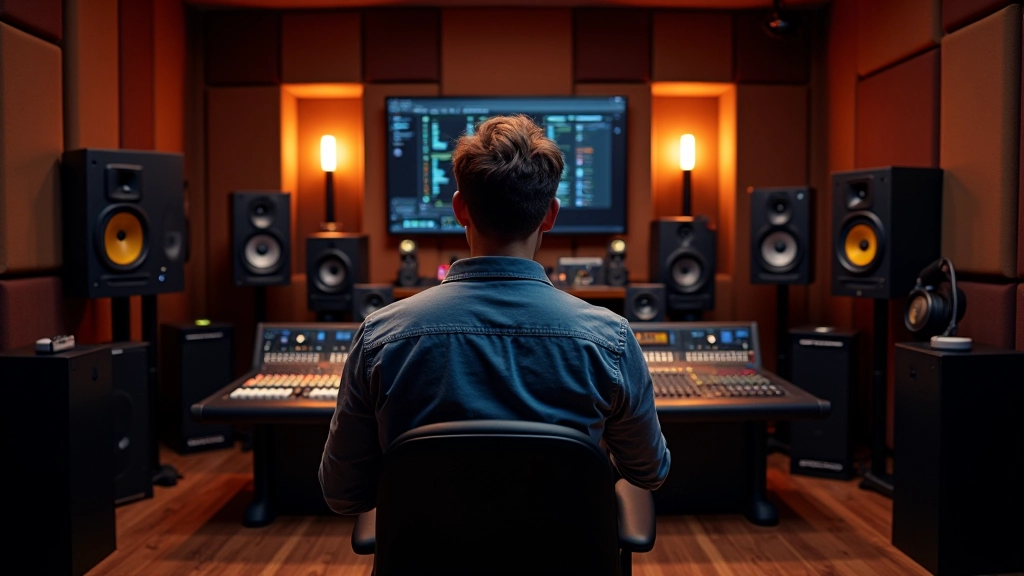 Estúdio de som com equipamento de áudio profissional e painéis acústicos, monitores de áudio de alta qualidade em espaço acusticamente tratado