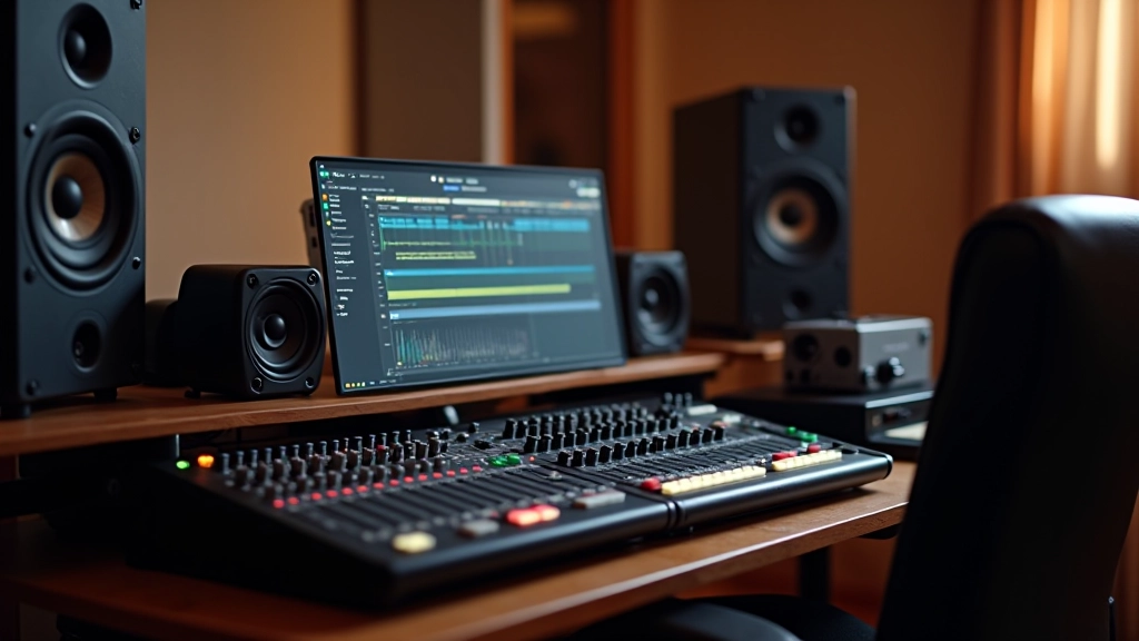 Estúdio de áudio profissional com equipamento de som, monitores e console de mistura