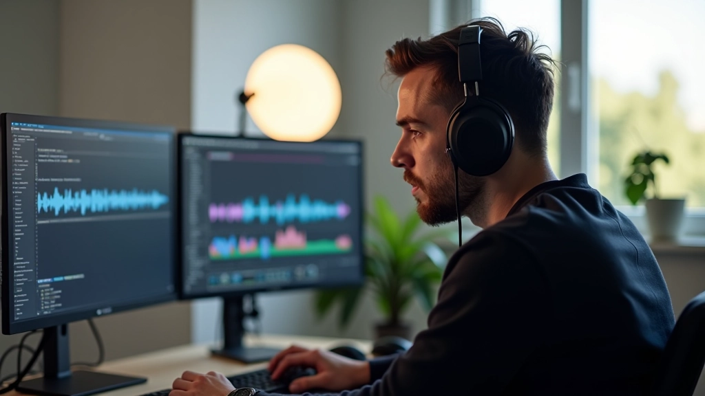 Designer usando headphones enquanto trabalha em software de edição de vídeo com áudio sincronizado