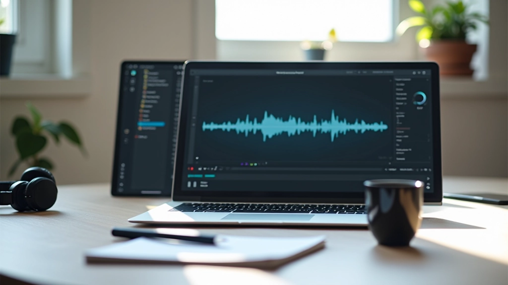 Laptop aberto com interface de biblioteca de música, playlist visível na tela