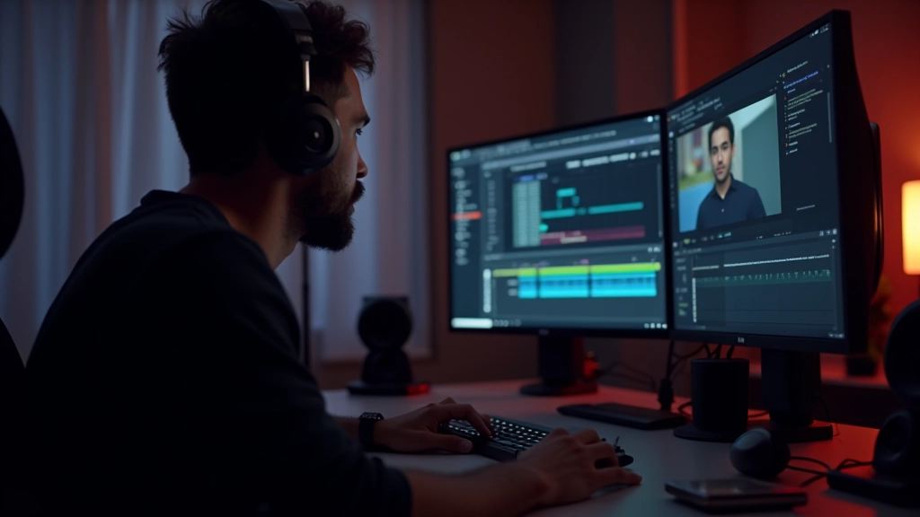 Animador profissional trabalhando em setup de edição com monitores e teclado MIDI, ambiente de estúdio moderno