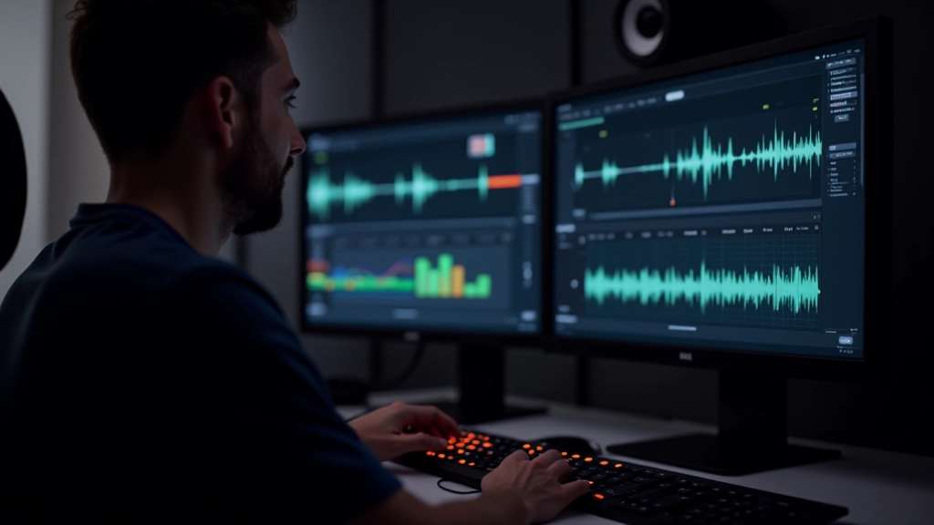 Visualização de efeitos de transição em timeline de software de edição, ondas sonoras sincronizadas com keyframes de animação