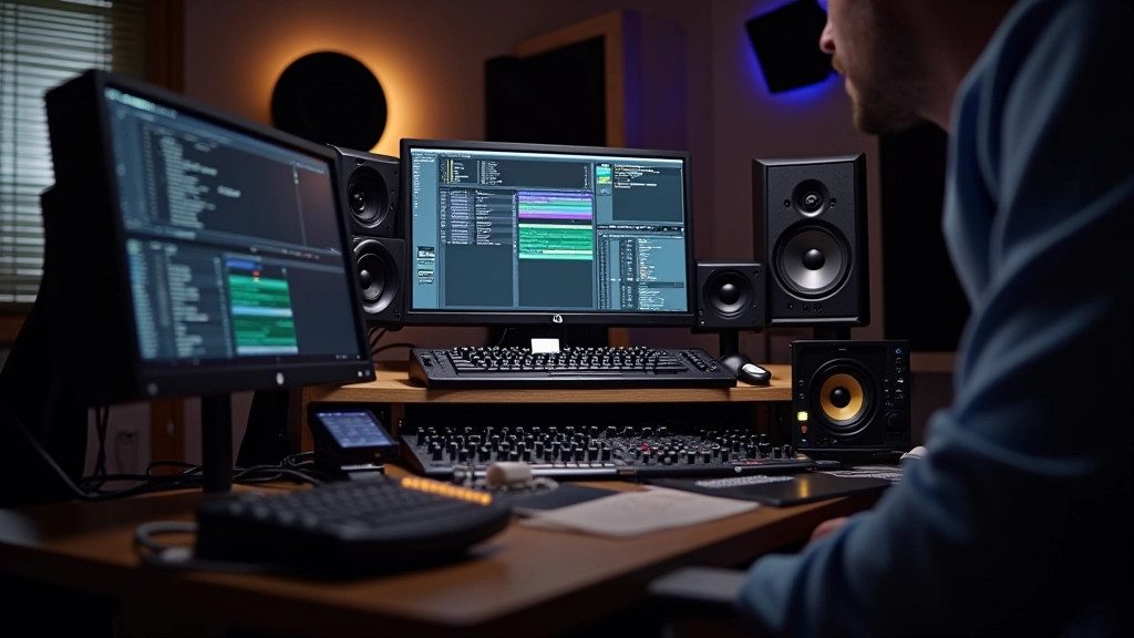 Estúdio de design de som com equipamento profissional de áudio e monitores de alta qualidade