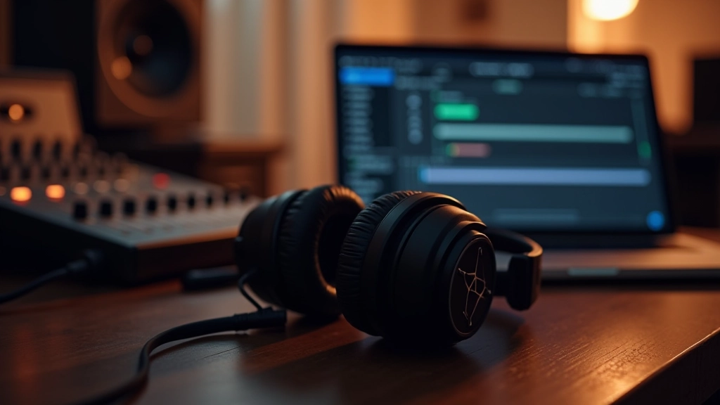 Fones de ouvido profissionais sobre uma mesa de produção musical com software aberto