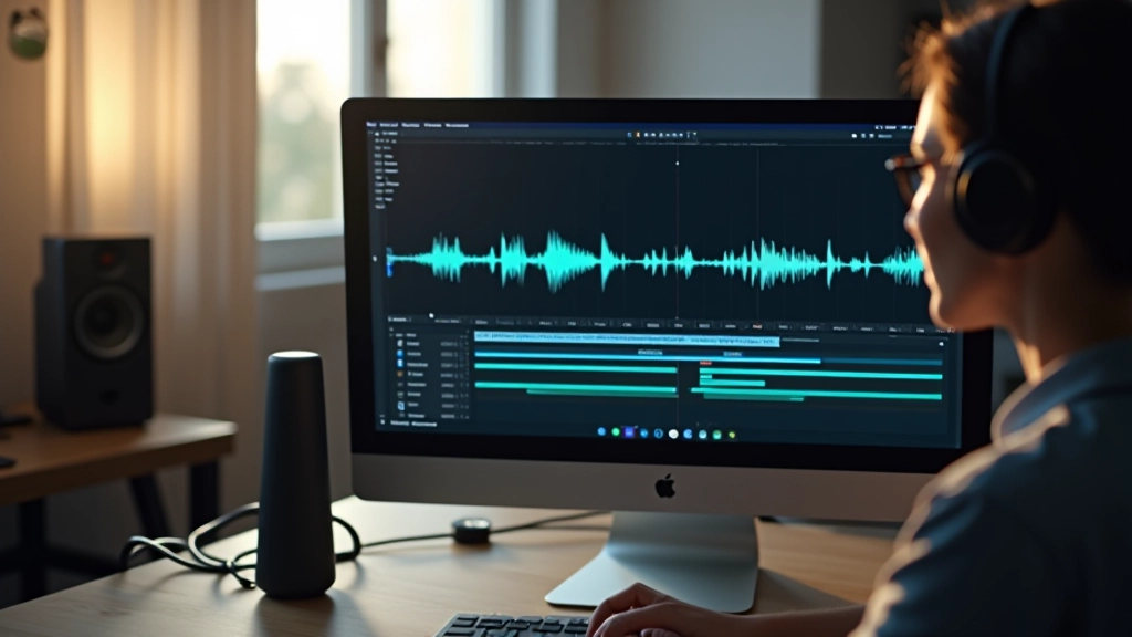 Timeline de edição com marcadores de tempo e ondas de áudio sincronizadas com keyframes de animação